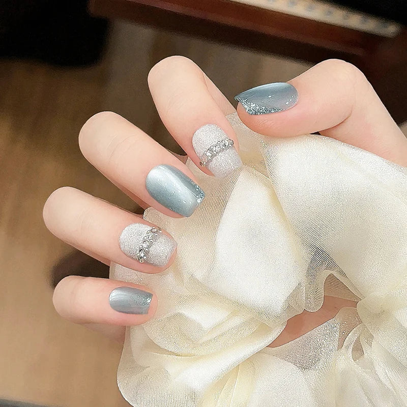 SKY CLOUD 10pcs Blue Handmade Press On Nails Cat Eye