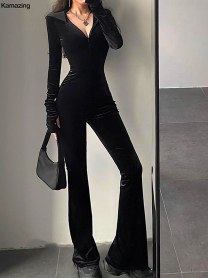 Autumn Sexy Bodycon Black Velvet Jumpsuit