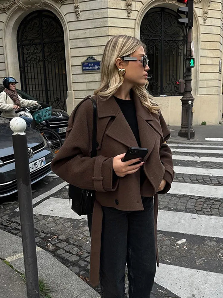 Chic Short Woolen Coat Lapel Double-breasted Coats
