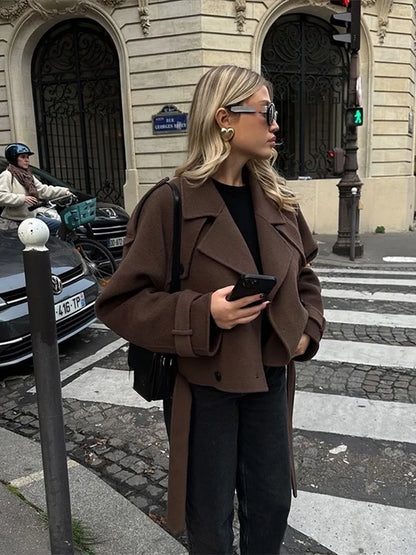 Chic Short Woolen Coat Lapel Double-breasted Coats