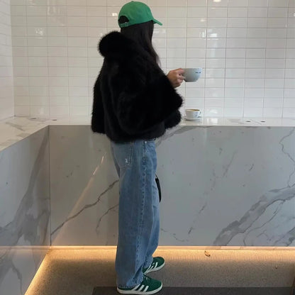 TRAF Black Faux Fur Coats