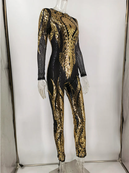 Sexy Long sleeve Sequin bodycon jumpsuit party nightclub jumpsuits