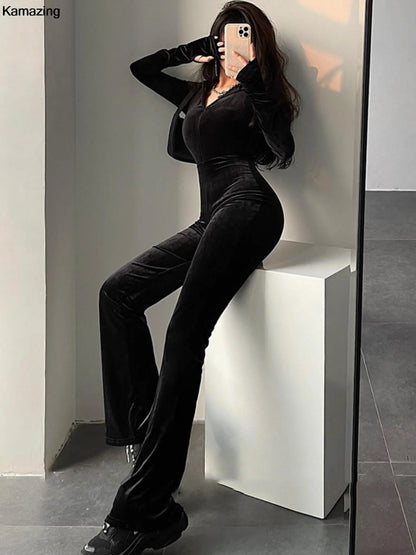 Autumn Sexy Bodycon Black Velvet Jumpsuit