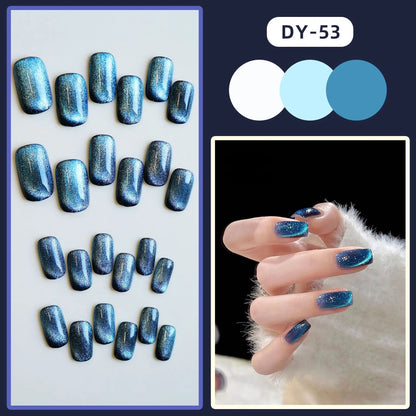 Blue Black Cat's Eye Fake Nails Set