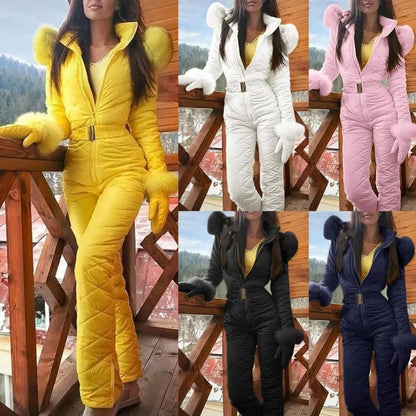 Warm Skiing Zipper Hooded Women Jumpsuit Fleece Jumpsuit
