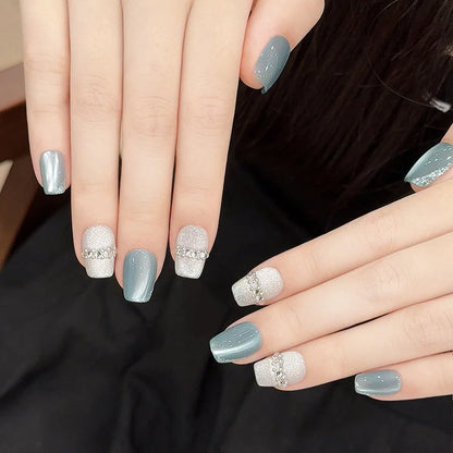SKY CLOUD 10pcs Blue Handmade Press On Nails Cat Eye