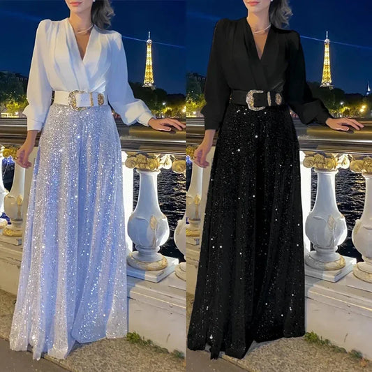 V-neck Long Sleeved Shirt with Elegant Pants
