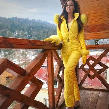 Warm Skiing Zipper Hooded Women Jumpsuit Fleece Jumpsuit