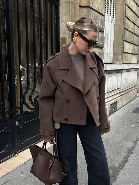 Chic Short Woolen Coat Lapel Double-breasted Coats
