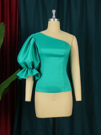 Women Blouse One Shoulder Puff Sleeves Sexy Elegant Tops