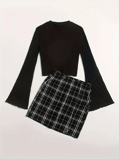 Casual Colorblock Two-piece Skirt Set Ribbed