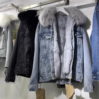 Thickened Fur Collar Denim Coat Windproof Jacket