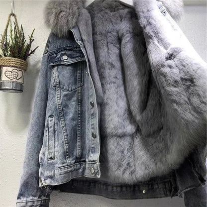 Thickened Fur Collar Denim Coat Windproof Jacket