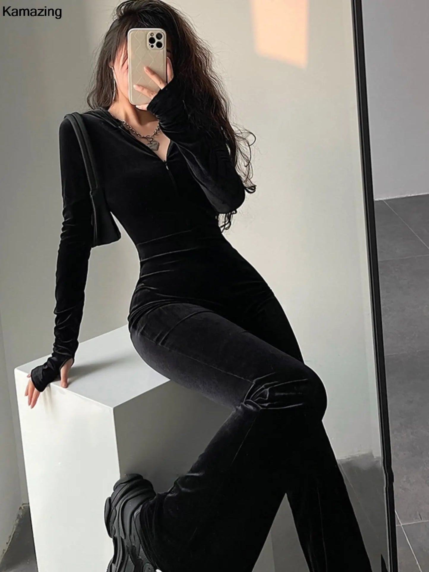 Autumn Sexy Bodycon Black Velvet Jumpsuit