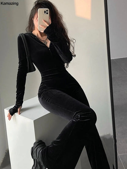 Autumn Sexy Bodycon Black Velvet Jumpsuit