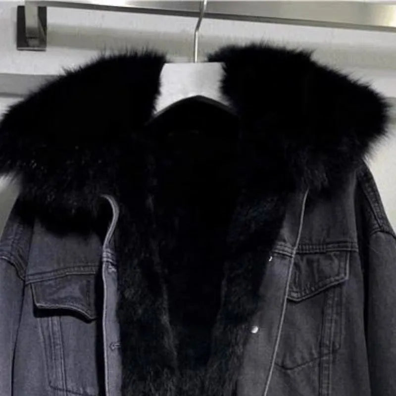 Thickened Fur Collar Denim Coat Windproof Jacket