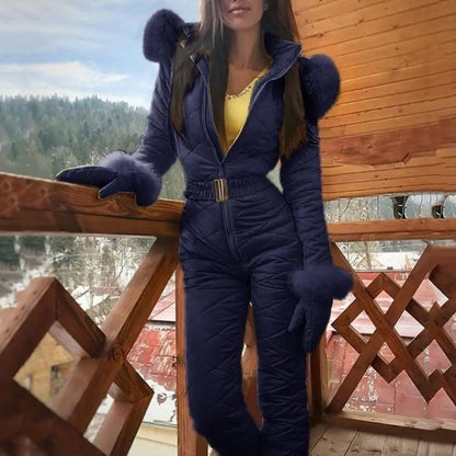 Warm Skiing Zipper Hooded Women Jumpsuit Fleece Jumpsuit
