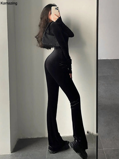 Autumn Sexy Bodycon Black Velvet Jumpsuit