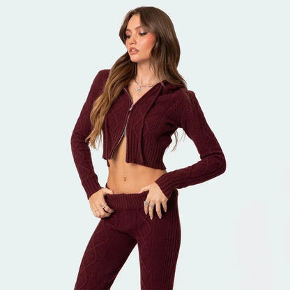 High-waisted Knit Hooded Zipper Cardigan Trousers 2-piece Set