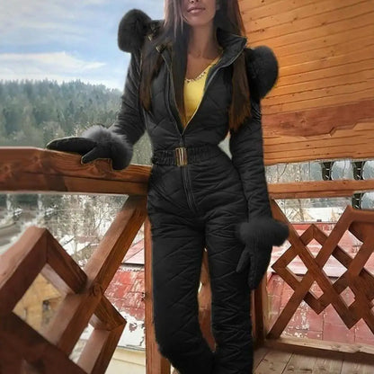 Warm Skiing Zipper Hooded Women Jumpsuit Fleece Jumpsuit