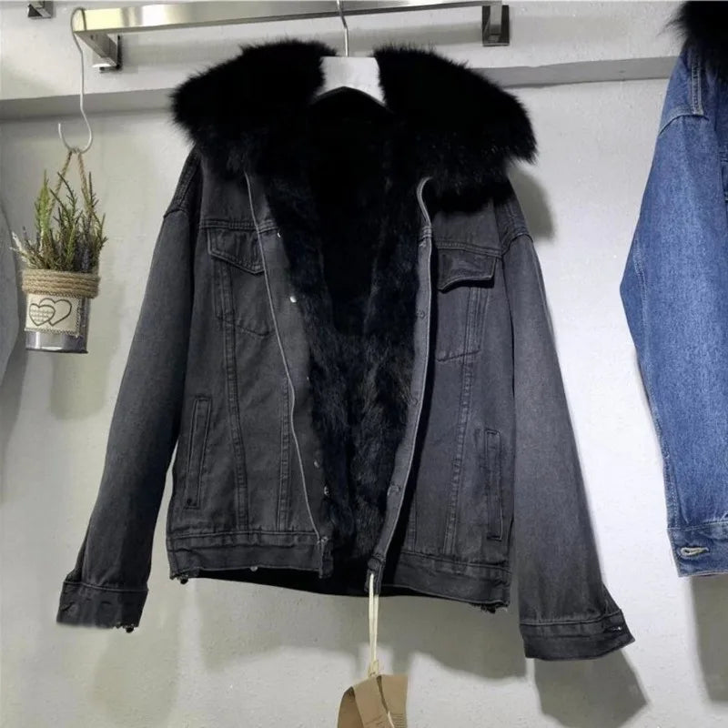 Thickened Fur Collar Denim Coat Windproof Jacket
